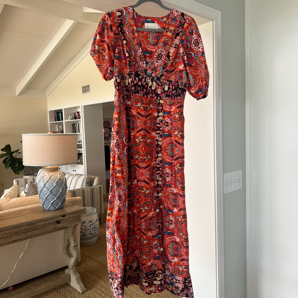 Anthropologie Orange and Blue Puff Sleeve Maxi Dress